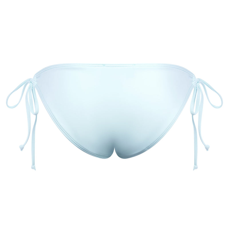 back of a classic bikini bottom knotted at the sides in pastel blue