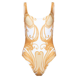 classic one-piece swimsuit in a yellow paisley print