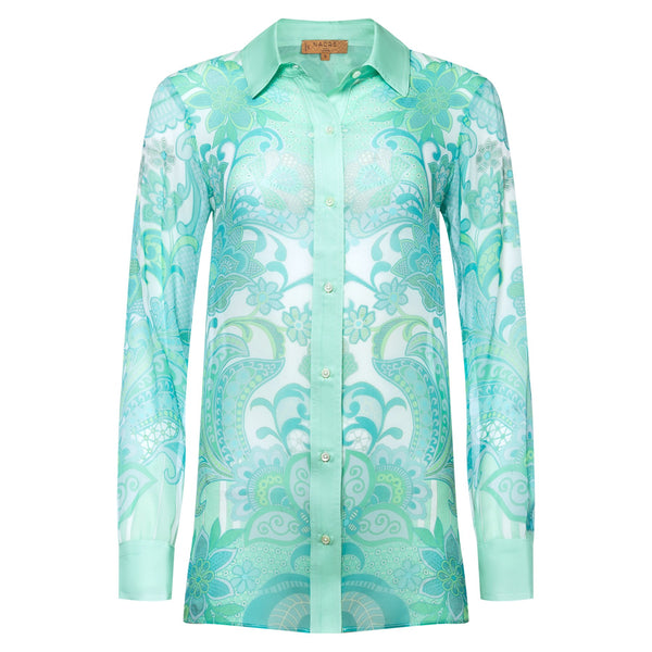 women silk georgette blouse in an emerald print