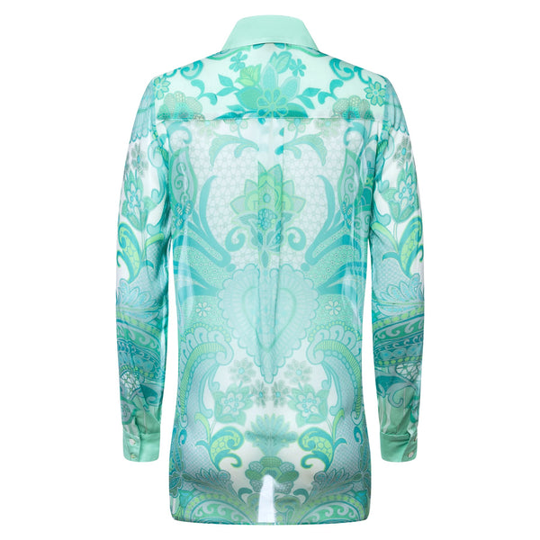 back of a women silk georgette blouse in an emerald print