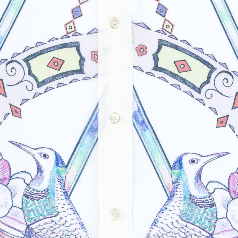 close up of a silk georgette blouse detail in a multicolor pastel print