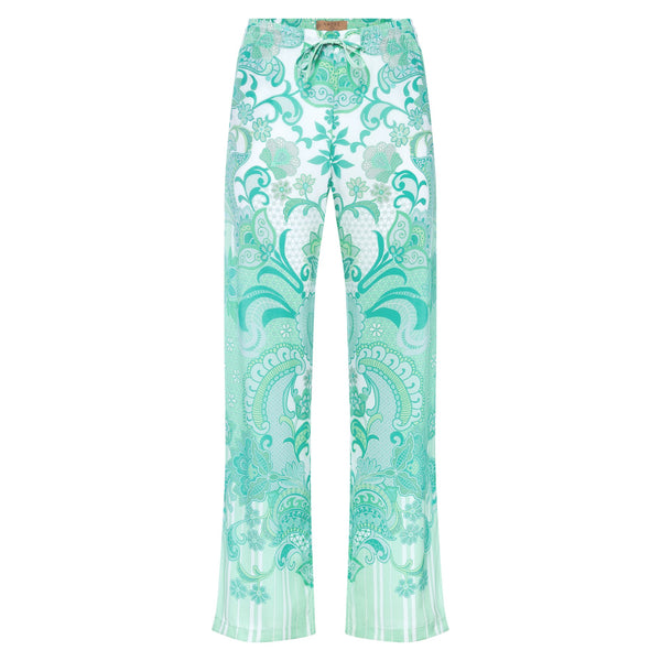 women wide leg silk palazzo pants in an emerald print
