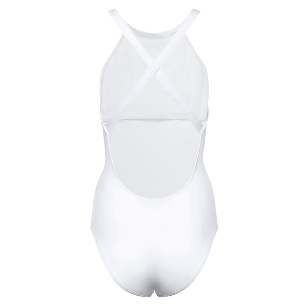 back of an olympic one-piece swimsuit in white