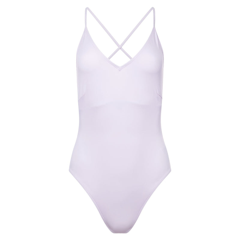 one-piece swimsuit with a plunging neckline and crossed back in lavender