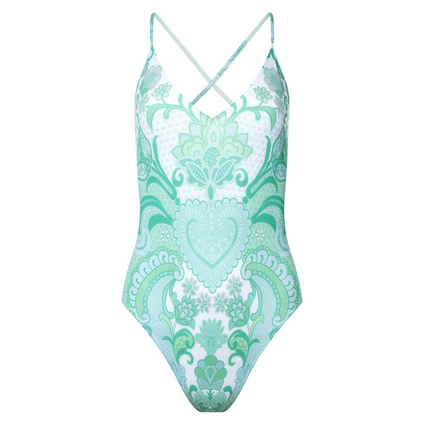 one-piece swimsuit with a plunging neckline and crossed back in an emerald print