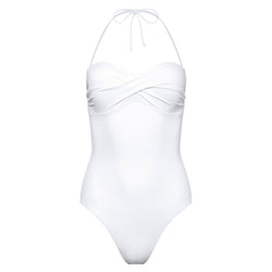 one-piece strapless swimsuit with draped bust in white