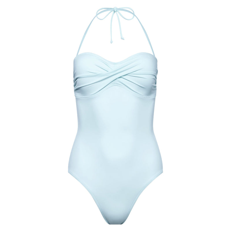 one-piece strapless swimsuit with draped bust in pastel blue