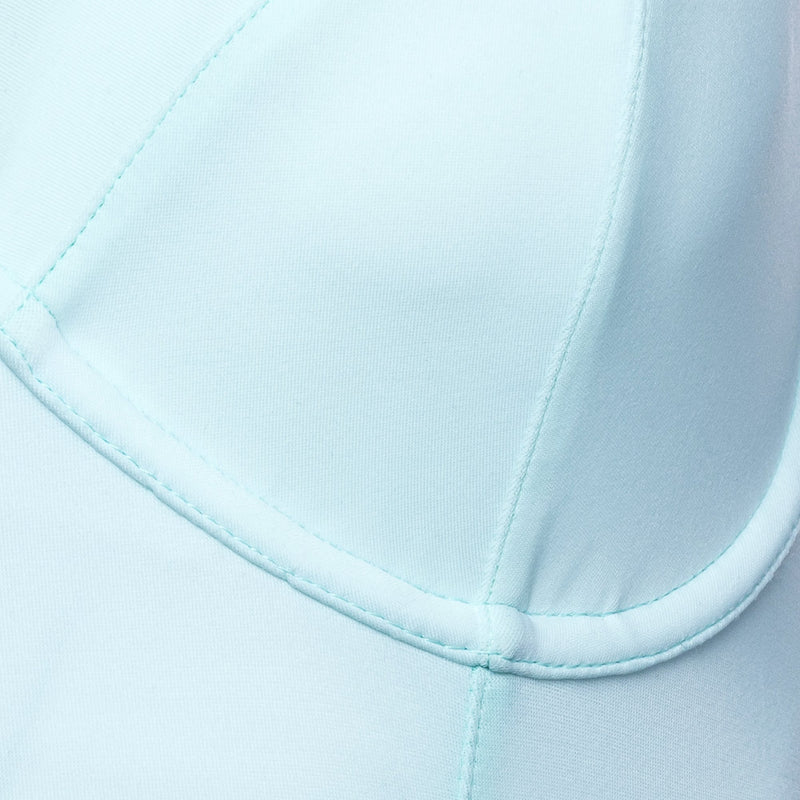 close up of a one-piece bustier swimsuit in pastel blue 