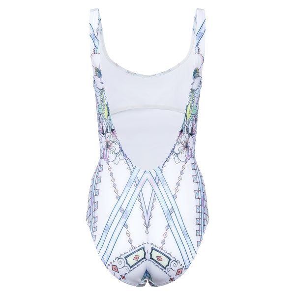 classic one-piece swimsuit with a scoop back in a multicolor pastel print