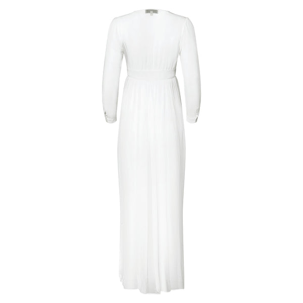 back of a silk chiffon maxi dress knotted at the waist in white