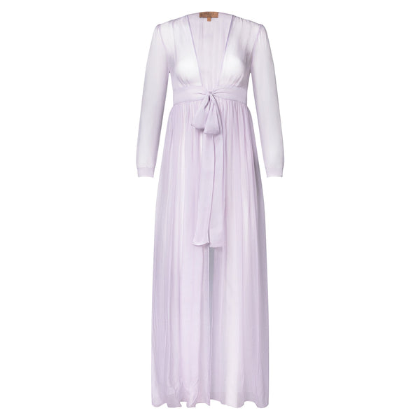 silk chiffon maxi dress knotted at the waist in lavender