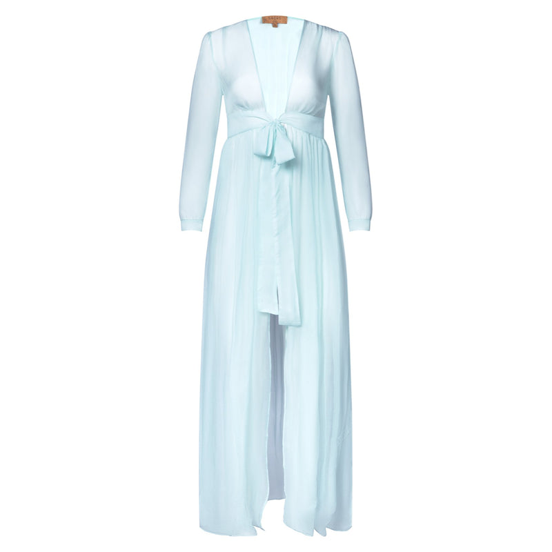 silk chiffon maxi dress knotted at the waist in pastel blue