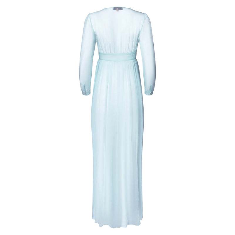 back of a silk chiffon maxi dress knotted at the waist in pastel blue