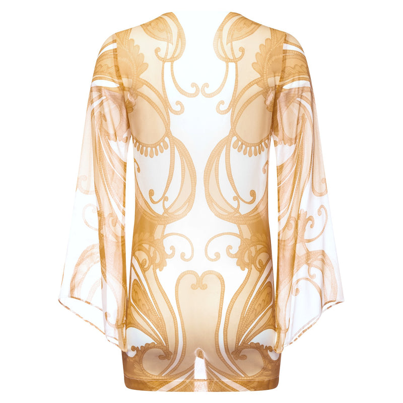 back of a mini silk kaftan with a deep v neckline in a yellow paisley print