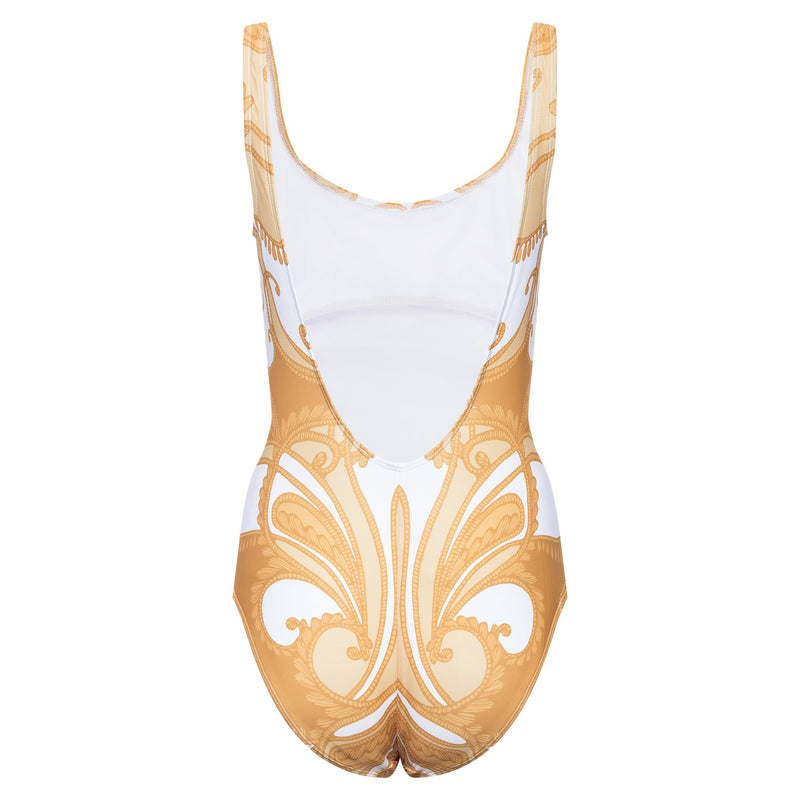 classic one-piece swimsuit with a scoop back in a yellow paisley print