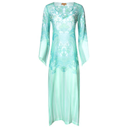 maxi silk kaftan with a deep v neckline in an emerald print