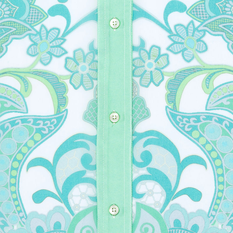 close up of a silk georgette blouse detail in an emerald print