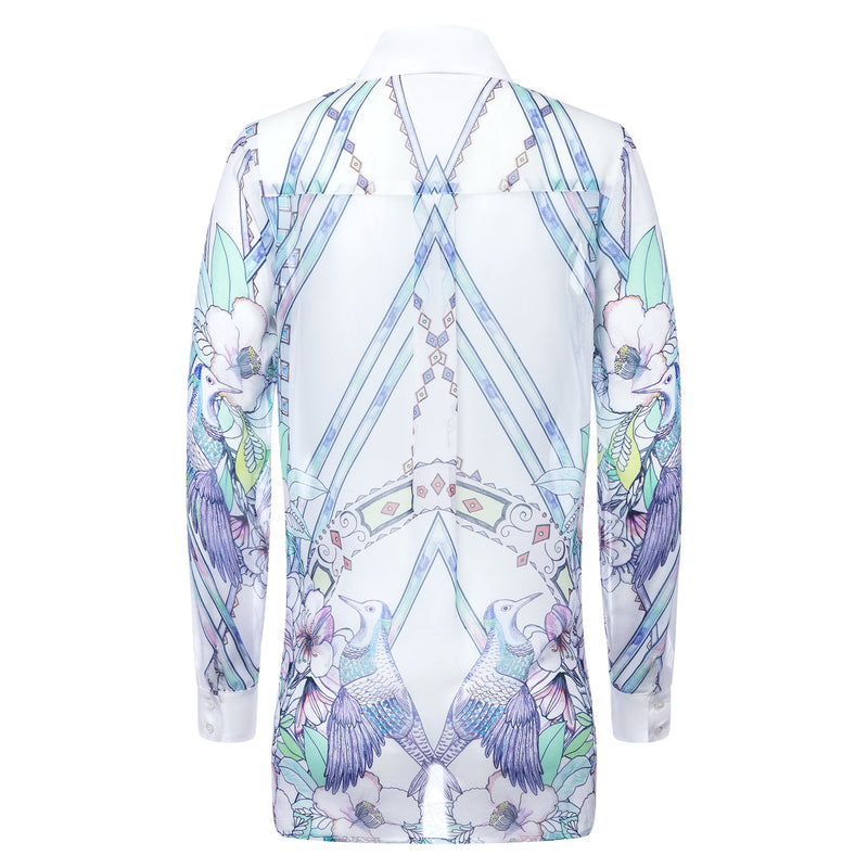 back of a women silk georgette blouse in a multicolor pastel print