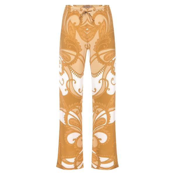 women wide leg silk palazzo pants in a yellow paisley print