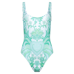 classic one-piece swimsuit in an emerald print