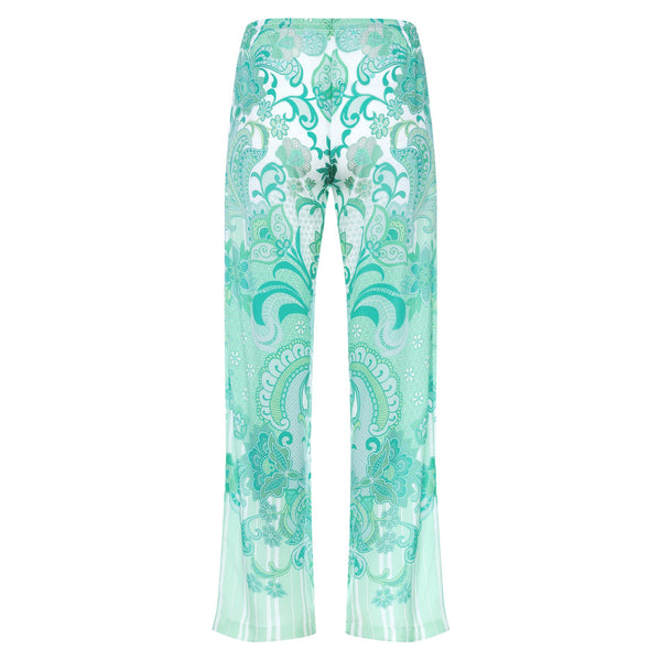back of a women wide leg silk palazzo pants in an emerald print