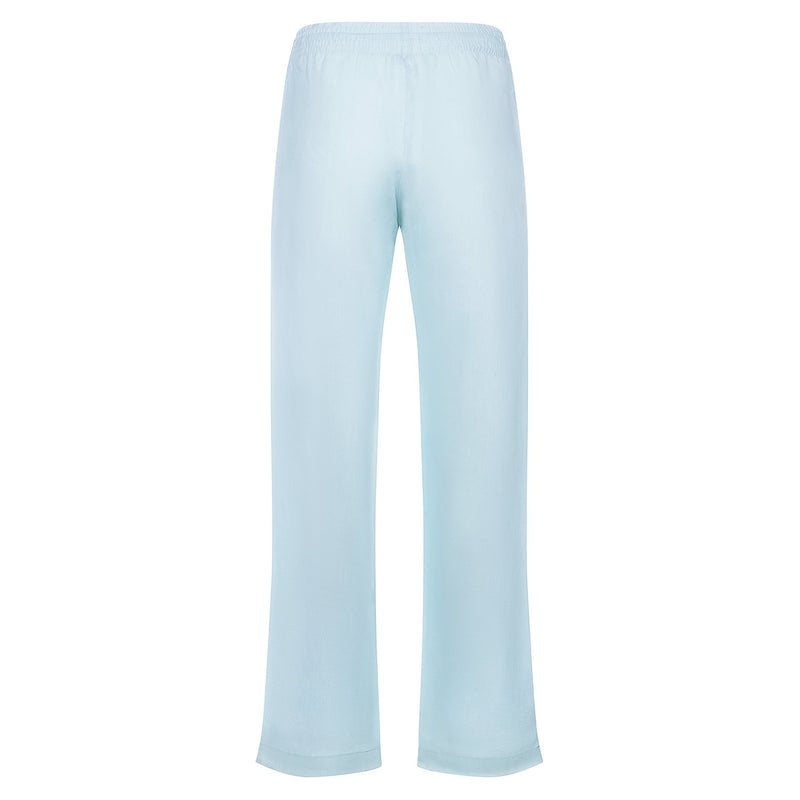 back of a relaxed women linen pants in pastel blue