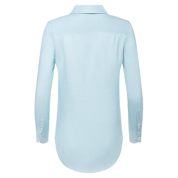 back of a women linen shirt in pastel blue 