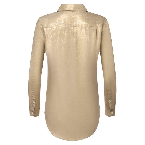 back of a women linen shirt in metallic gold