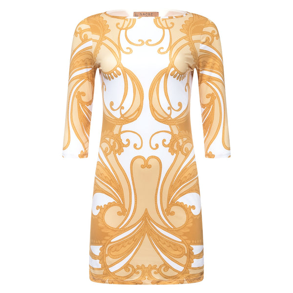 mini dress with a boat neckline and 3/4 sleeves in a yellow paisley print