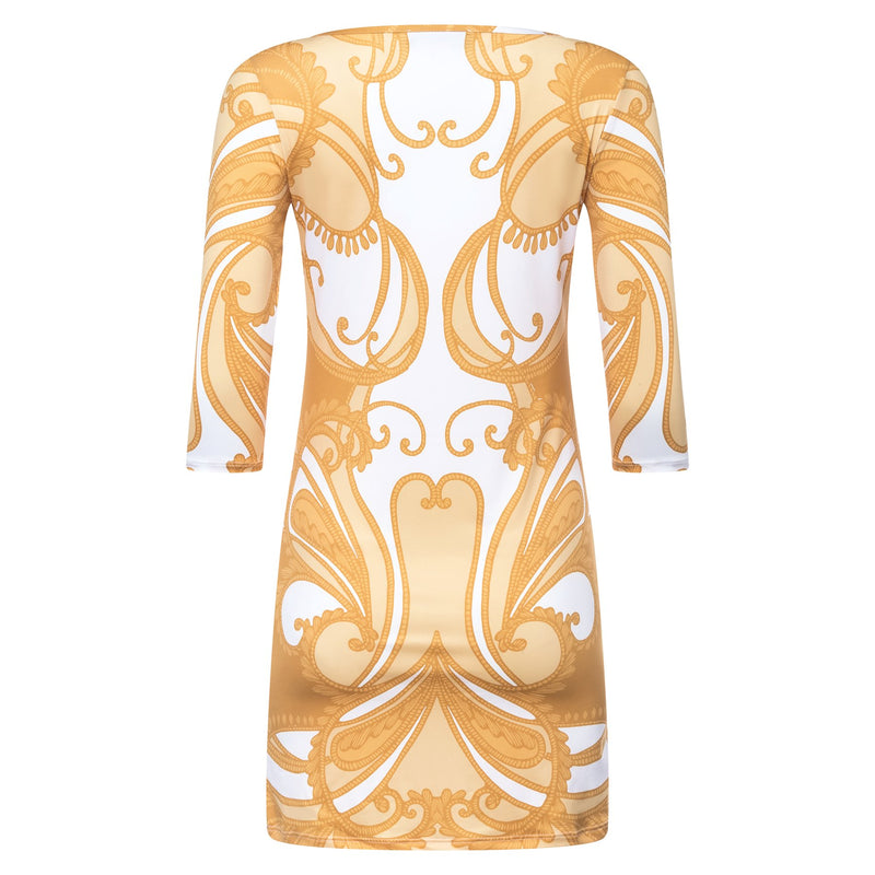 back of a mini dress with a boat neckline and 3/4 sleeves in a yellow paisley print