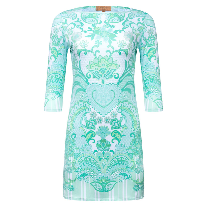 mini dress with a boat neckline and 3/4 sleeves in an emerald print