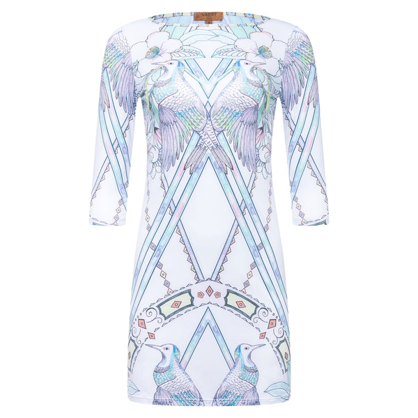 mini dress with a boat neckline and 3/4 sleeves in a multicolor pastel print