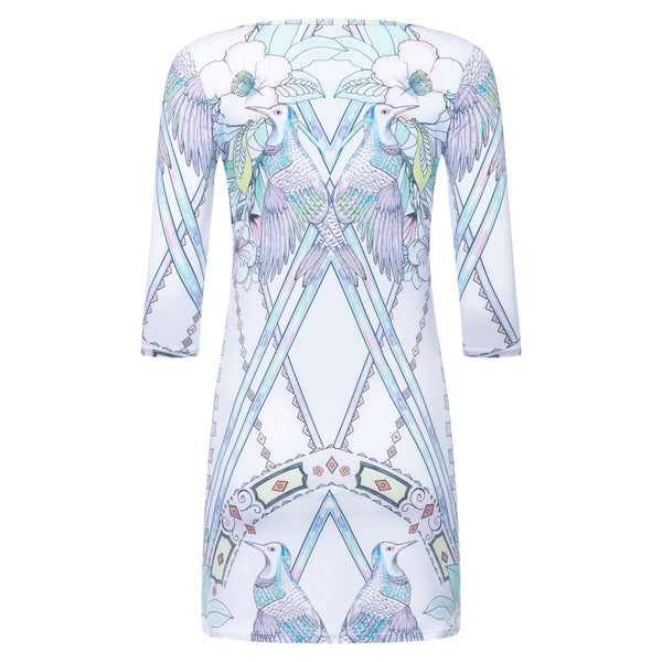 back of a mini dress with a boat neckline and 3/4 sleeves in a multicolor pastel print