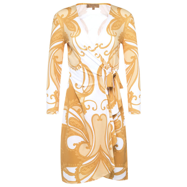 wrap dress with a plunging neckline and 3/4 sleeves in a yellow paisley print