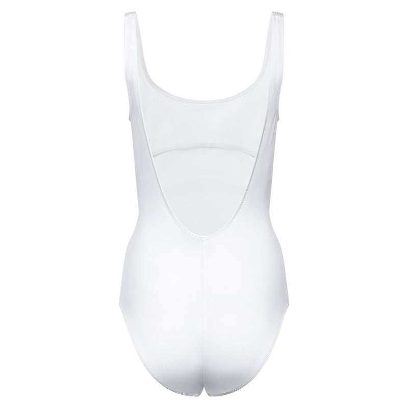 classic one-piece swimsuit with a scoop back in white