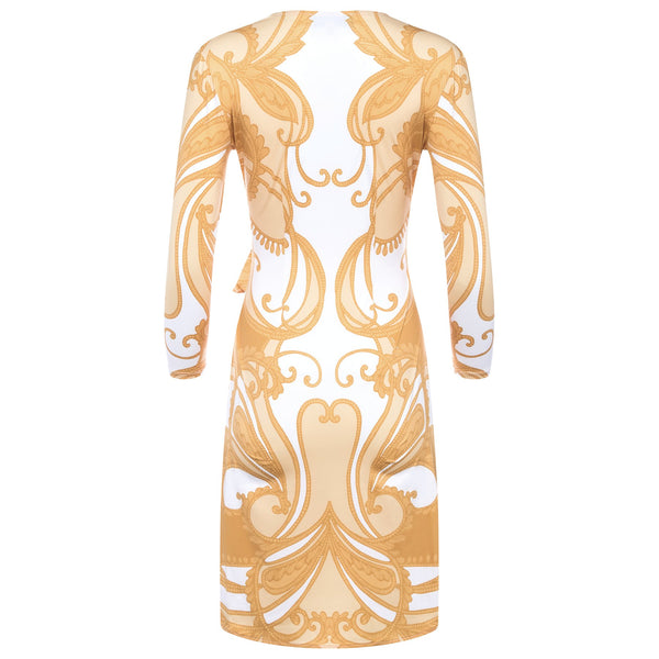 back of a wrap dress with a plunging neckline and 3/4 sleeves in a yellow paisley print