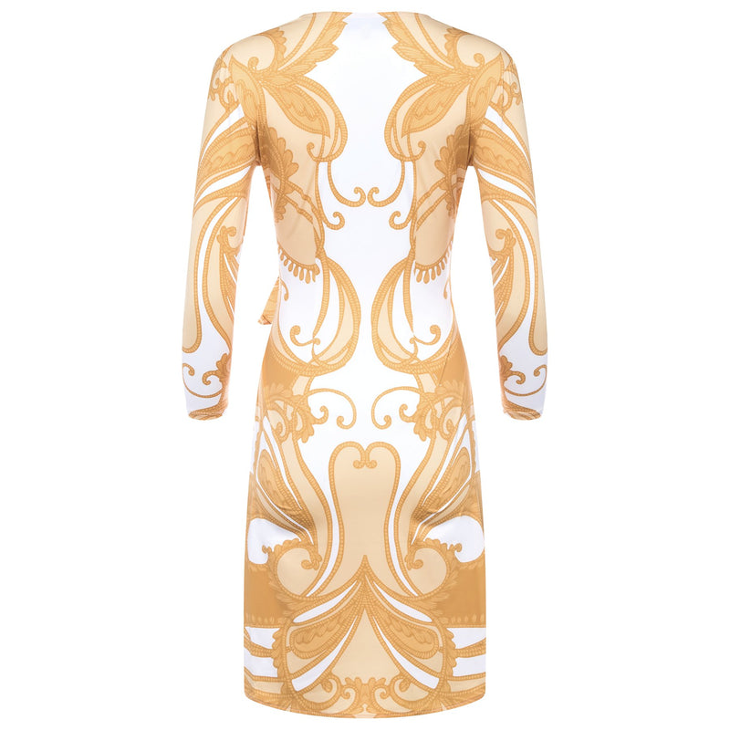 back of a wrap dress with a plunging neckline and 3/4 sleeves in a yellow paisley print