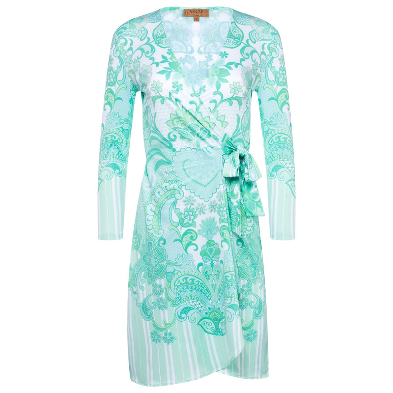 wrap dress with a plunging neckline and 3/4 sleeves in an emerald print