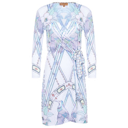 wrap dress with a plunging neckline and 3/4 sleeves in a multicolor pastel print