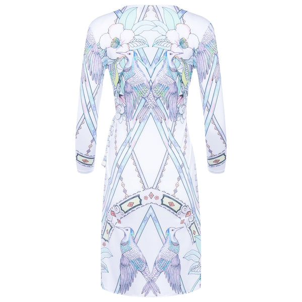 back of a wrap dress with a plunging neckline and 3/4 sleeves in a multicolor pastel print