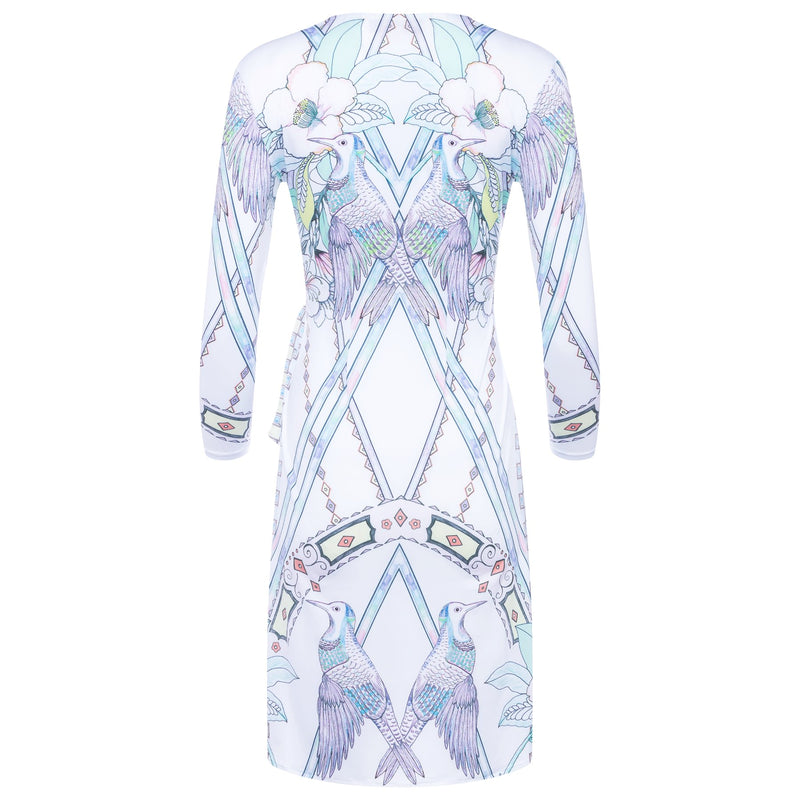 back of a wrap dress with a plunging neckline and 3/4 sleeves in a multicolor pastel print