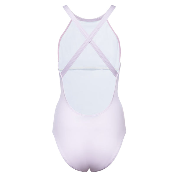 back of an olympic one-piece swimsuit in lavender