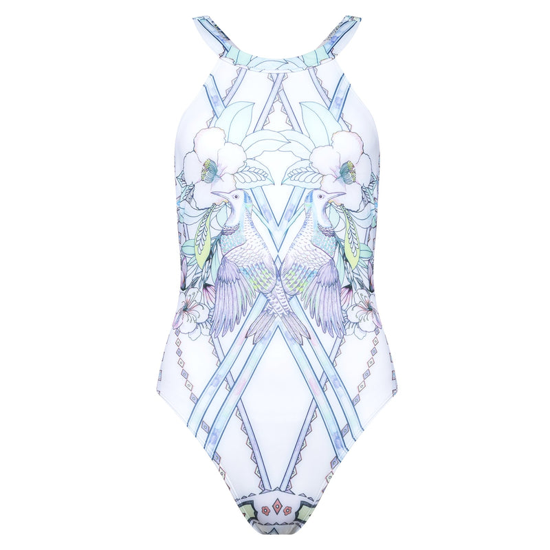 olympic one-piece swimsuit in a multicolor pastel print