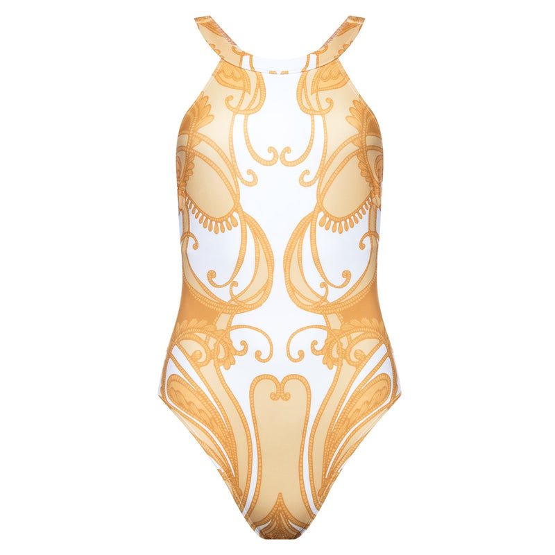 olympic one-piece swimsuit in a yellow paisley print