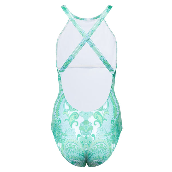 back of an olympic one-piece swimsuit in an emerald print 