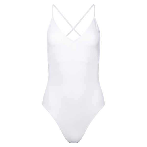 one-piece swimsuit with a plunging neckline and crossed back in white