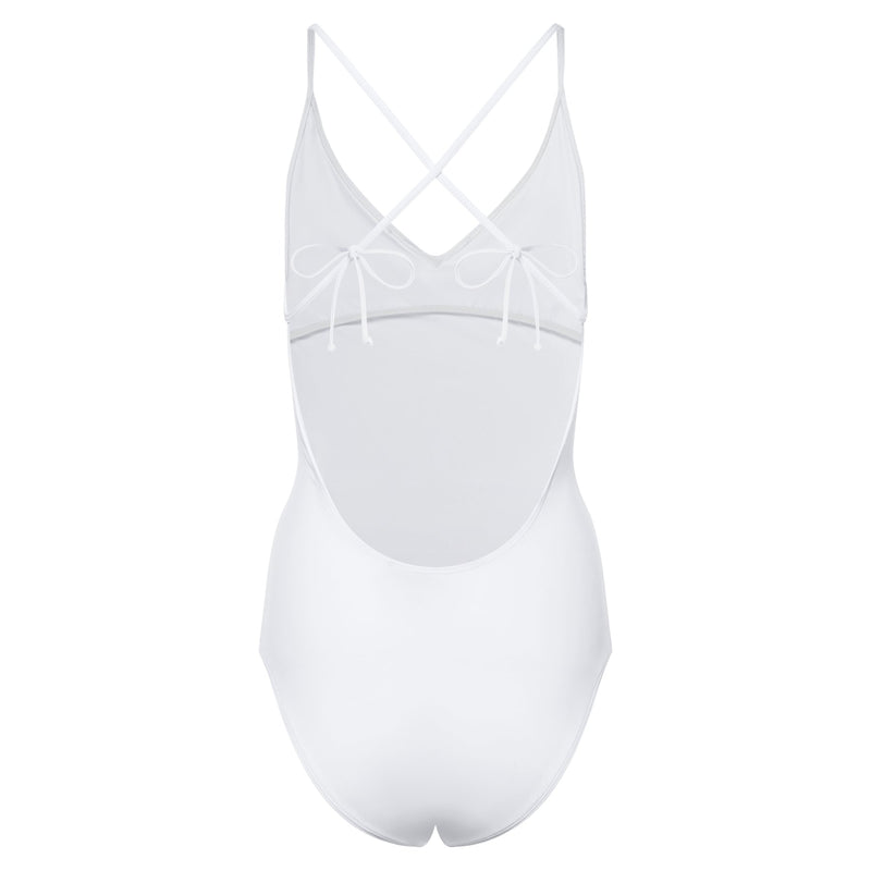 back of a one-piece swimsuit with a crossed back in white