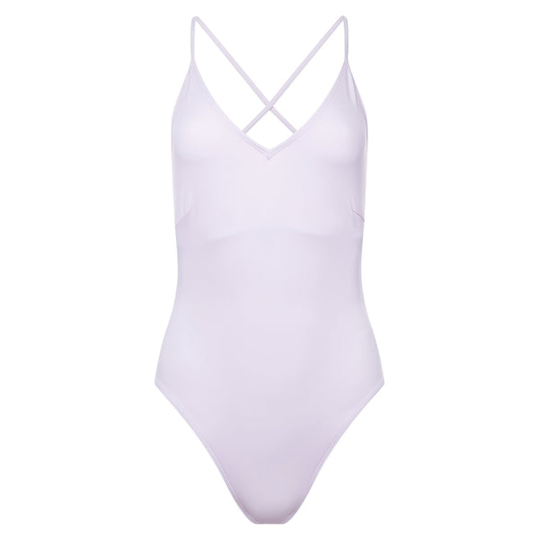 one-piece swimsuit with a plunging neckline and crossed back in lavender