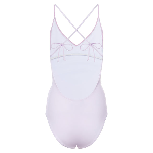 back of one-piece swimsuit with a crossed back in lavender