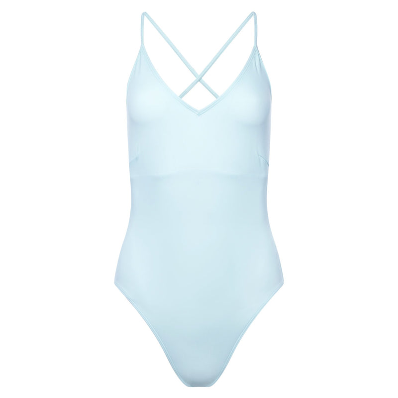 one-piece swimsuit with a plunging neckline and crossed back in pastel blue